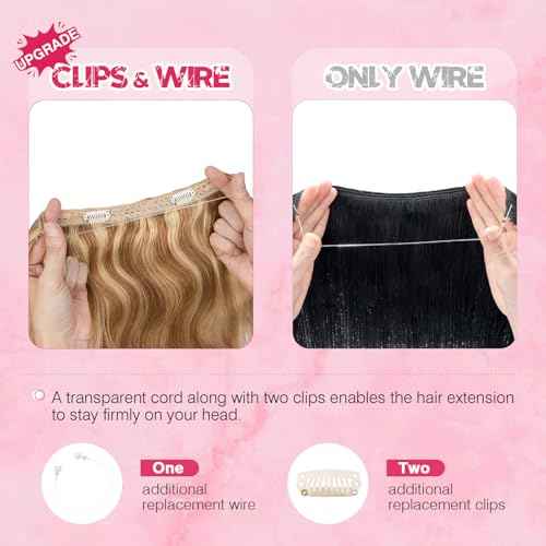 Halo Hair Extensions Real Human Hair, MY-LADY Adjustable Halo Extensions Real Human Hair, 22 inch Golden Brown mix Bleach Blonde Women's Long Wavy Hair Invisible Wire Hair Extensions