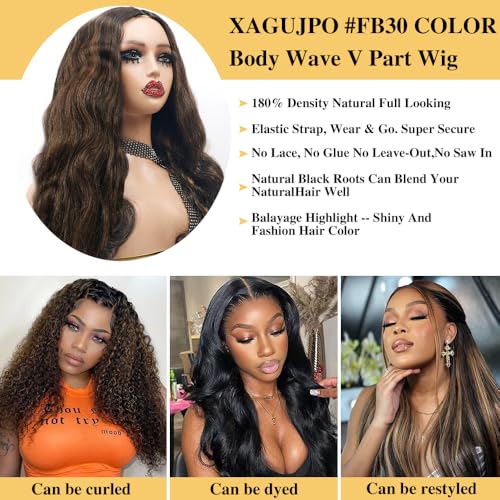 Xagujpo #FB30 Ombre Brown Body Wave V Part Wigs Human Hair Upgrade U Part Human Hair Wigs for Black Women Balayage Highlight Glueless U Part Wig No Sew In 180% Density 20inch