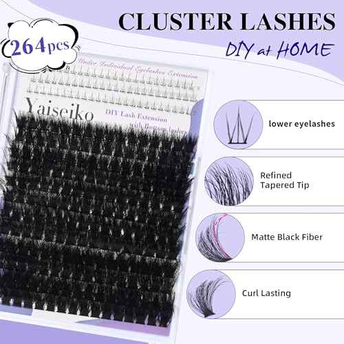 Lash Clusters with Bottom Lashes Thick 200D Volume Individual Lashes 12-25mm Wispy Eyelash Clusters D Curl Cluster Eyelash Extensions 264pcs DIY Lash Extension for Beginners