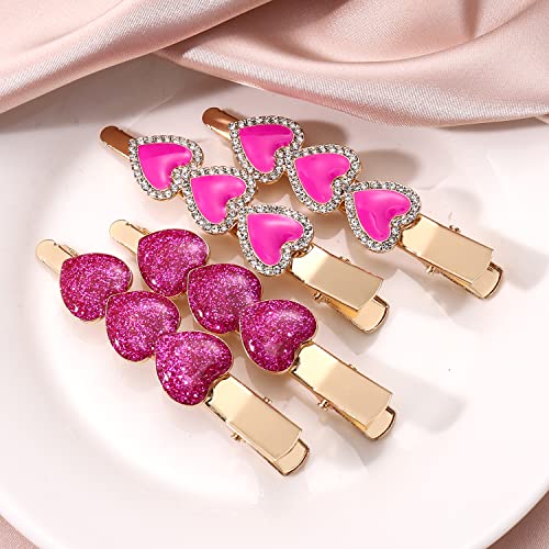 Valentine’s Day Hair Clips Sparkly Rhinestone Enamel Cupid Heart Hairpins for Women Girls Sweet Romantic Triple Love Alligator Clips Barrettes Pretty Styling Hair Accessory Party Gifts (4 packs) (A1:Rosy(rhinestone+glitter))