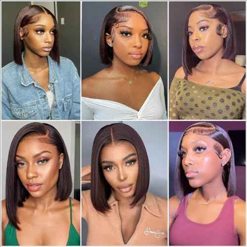 Dark Brown Bob Wig Human Hair 13X4 Lace Front Wigs Human hair 180% Density Short Straight Frontal Bob Wig Pre Plucked for Women HD Transparent Lace Frontal wigs With Baby Hair Dark Brown Color 16 Inch