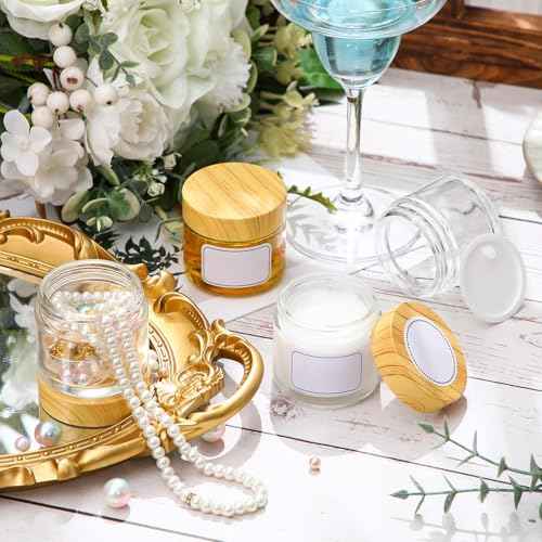 Layhit 96 Pcs 2oz Glass Jars with Lids Clear Small Jars with Plastic Woodgrain Lids, White Labels and Inner Liners Empty Round Cosmetic Containers for Creams Lotions Candle Making (2oz/ 60ml)