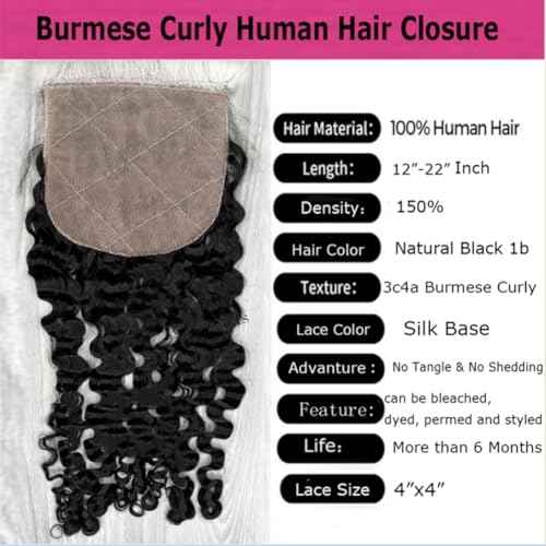 Burmese Curly Silk Closure 4"x4" Silk Base Lace Human Hair Top Full Closure Piece Hidden Knots Free Part Raw Hair 20" inch Natural Black 1b