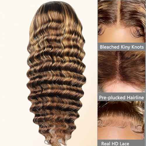 NVL Lace Front Wigs Human Pre Plucked with Baby Hair 200 Density 13x4 HD Transparent Straight Lace Front Wigs for Women Human Hair Glueless (4/27 highlight deep wave lace front wig, 24 Inch)