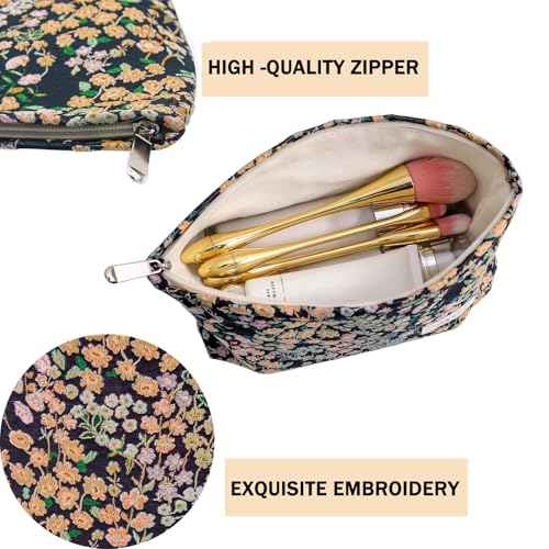 2 Pcs Makeup Bags, Large Cosmetic Bag Travel Toiletry Bag Organizer for Women, Embroidery Craft, Floral Makeup Bag Small Cosmetic Pouch Purse with Zipper Gifts for Girls Teen