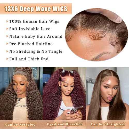 Chocolate Brown Lace Front Wigs Human Hair 13x6 Deep Wave Lace Front Wigs Human Hair 200 Density HD Colored Deep Curly Lace Frontal Wigs for Women Pre Plucked with Natural Hairline (24inch)