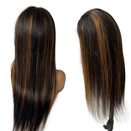 Ombre Blonde Human Hair Wig 13x4 HD Transparent Lace Front Black to Brown Blonde Human Hair Highlights 20" for Women Pre Plucked Ombre Honey Blonde Wig with Black Roots Pre Plucked Wigs 150% Density
