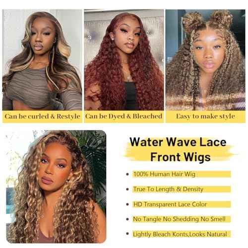 Highlight Ombre 13x4 Lace Front Wig Human Hair Pre Plucked HD Transparent 4/27 Honey Blonde Lace Front Wig with Baby Hair 180% Density Colored Water Wave Wig for Women 22 Inch