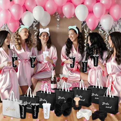 56 Pcs Bridesmaid Bride Robes Set of 8 Bridal Party Silk Satin Robes for Wedding Bachelorette Party Gifts(White,Black)