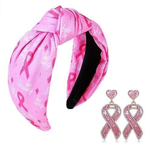 HEIDKRUEGER Pink Ribbon Headband for Women,Wide Knotted Headbands Breast Cancer Awareness Headbands Pink Ribbon Ear Jewelry Accessories for Women Girls Survivor Month Gifts (Pattern A)