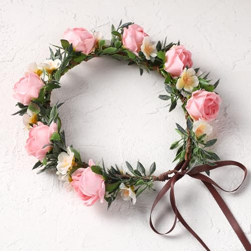 Pink Flower Crown Headband - Rose Floral Headpiece Adjustable Fairy Flower Crown for Women Girls Renaissance Birthday Wedding Party Photo Props