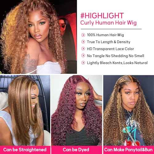 Juvid Highlight Ombre 13x6 Lace Front Wigs Human Hair 4/27 Honey Blonde Deep Wave Curly Human Hair Wig HD Transparent Frontal 180% Density Glueless Wig 20inch for Black Women Pre Plucked Hairline