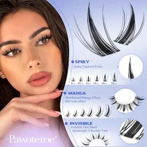 Pawotence Manga Lash Clusters Kit Eyelash Clusters 8-18mm Lash Extension Kit Fairy Individual Lashes Cluster Wispy with Lashes Cluster Glue, Tweezers for Invisible Band Cluster Eyelash Extensions Kit