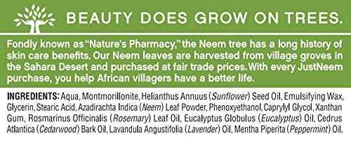 JustNeem, French Clay Mask with Neem, for Blemishes, Blackheads, Rashes; for Irritated and Stressed Skin; Deeply Cleansing and Rejuvenating; Rosemary, Lavender, Eucalyptus Essential Oils, 3.4 oz