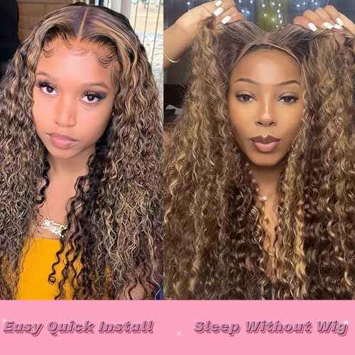 Wear and Go Glueless Highlight Ombre 4/27 Human Hair Wigs Deep Wave Curly Wet and Wavy Lace Front Pre Plucked Pre Cut 5x5 HD Lace Closure Wigs for Black Women £¨4/27 24 Inch£©