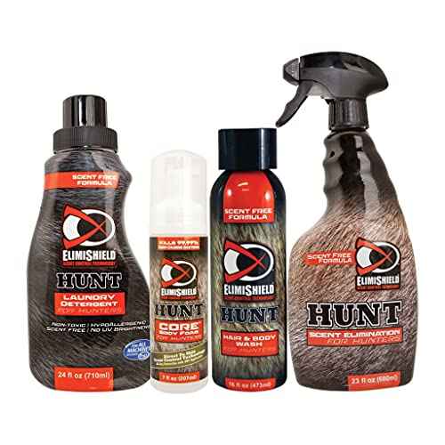 Elimishield Starter Kit: Scent Control for Hunting (Laundry Detergent, Body Foam Sanitizer, Hair and Body Wash, and Spray),BELM0428