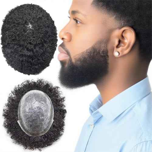 Afro Toupee for Black Men Kinky Curly Brazilian Human Hair Piece African American Wavy Hairpiece Full Poly Thin Skin PU Replacement System(8x10-120% Density,#1B Off Black-12MM Wave)