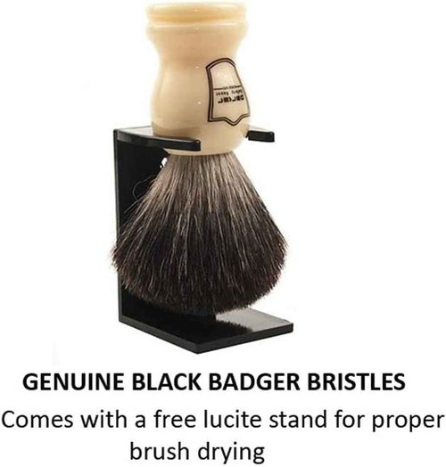 Parker 100% Black Badger Bristle Shaving Brush with White Handle–Extra Dense Badger Bristles Shave Brush Create a Superior Lather–Brush Stand Included