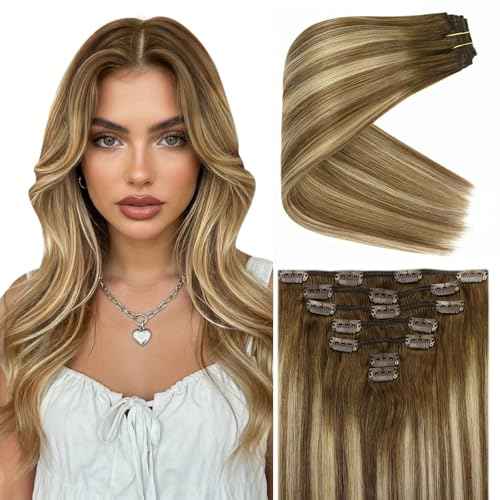 Ve Sunny Balayage Clip in Hair Extensions Brown Blonde Human Hair Clip in Extensions Ombre Hair Extensions Real Human Hair Clip ins Short Straight Hair Soft and Natural 100g 14in