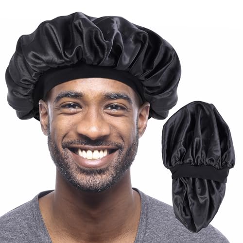 MoHern Bonnets for Men, Double Layer Satin Hair Bonnet for Sleeping, Reversible Night Cap, Black Bonnet for Curly Hair, Satin Bonnet for Black Men and Women