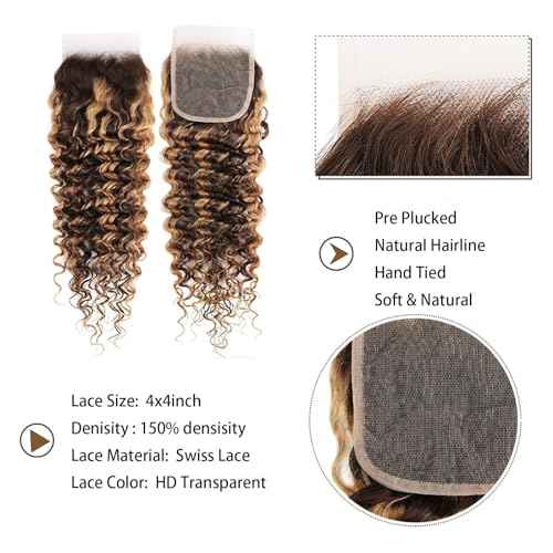 Highlight Bundles Human Hair with Closure 4/27 Ombre Brown 10a Deep Wave 12 Inch 4x4 Lace Closure with 4Bundles 12" 14" 16" 18"