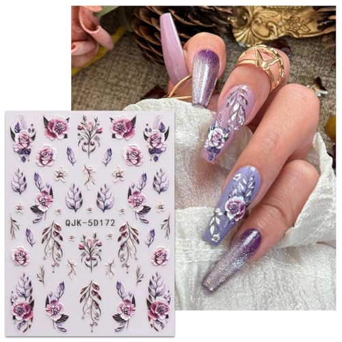 JMEOWIO 3D Embossed Flower Nail Art Stickers Decals Self-Adhesive 5D Spring Summer Floral Nail Supplies Nail Art Design Decoration Accessories 4 Sheets