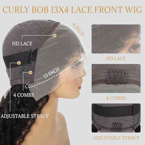 Short Curly Human Hair 180 Density Bob Wig Human Hair 13x4 Lace Front Wigs Human Hair For Black Women 100 Real Curly Human Hair Natural Black 12inch