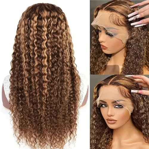 13x4 HD Lace Front Wigs Human Hair 4/27 Deep Wave Wigs for Black Women Ombre Honey Blonde Curly Lace Frontal Wig Human Hair Pre Plucked 180% Density with Baby Hair (30 Inch)