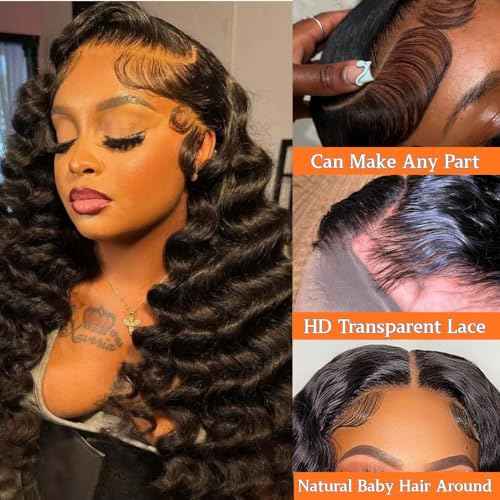 13x6 Deep Wave Lace Front Wigs Human Hair Pre Plucked with Baby Hair Deep Curly Frontal Wig 200 Density Natural Black for Women