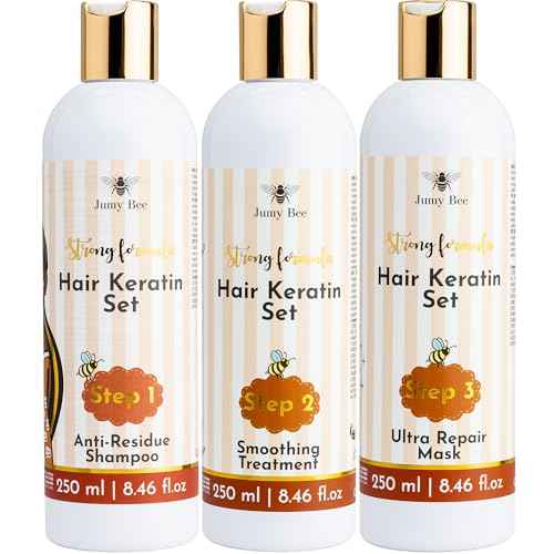 Brazilian Keratin Treatment Kit ? JumyBee 3 Steps 8.46 fl oz | Formaldehyde-Free At Home Hair Straightening & Smoothing System |Keratina para Alisar el Pelo | Anti-Frizz Repair Mask & Shampoo