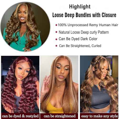 Loose Deep Wave Bundles With Closure Human Hair 16 18 20+16inch Ombr? Highlight Loose Deep Wave Bundles Human Hair with 4x4 Lace Closure Brown Highlight Colored