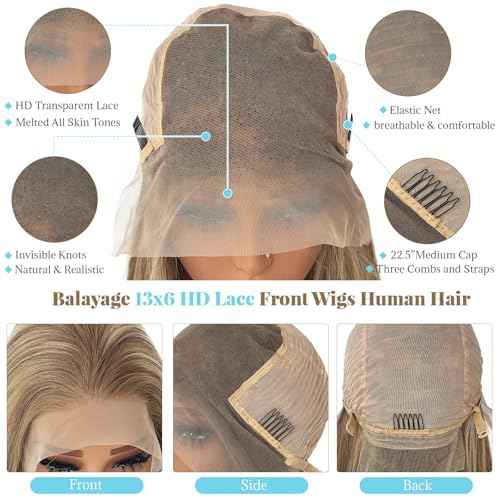 13x6 Ombre Blonde Lace Front Wig Human Hair HD Lace Balayage Highlight Ash Blonde Long Straight Frontal Lace Wigs 180% Density 22 Inch Glueless Blonde Highlight Wig with Brown Roots Pre Plucked