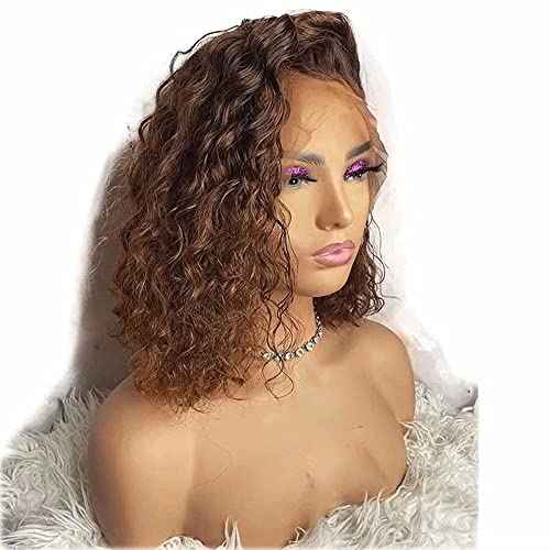 Ombre Brown Curly Brazilian Remy Human Hair Glueless 13¡¿4 HD Lace Front #4/30 Colored Preplucked Deep Part Closure Lace with Baby Hair for Black Women 150% Density 8 Inch