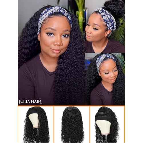 Julia Hair 12A Headband Human Hair Wigs Water Wave None Lace Front Glueless Wig With Pre-attached Scarf for Black Women Curly Deep Wave Put and Go Wig Natural Beginner-Friendly 18 Inch