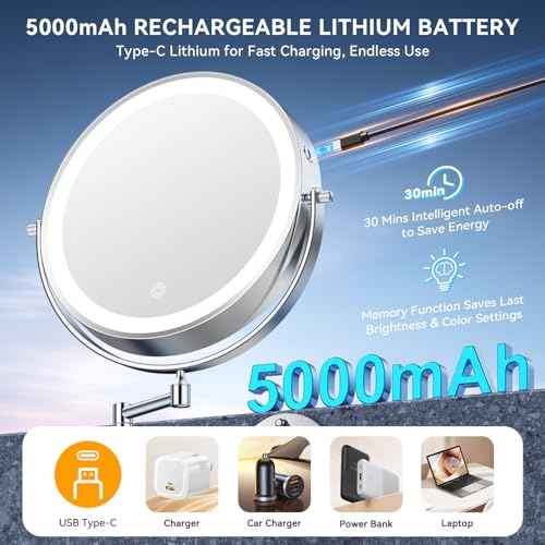 10'' 30X/1X Wall Mounted Lighted Makeup Mirror, 5000mAh Rechargeable Double-Sided Magnifying Mirror with Light, LED Vanity Mirror Touch Dimmable 3 Colors 360¡Æ Rotation Extended Foldable Arm, Chrome