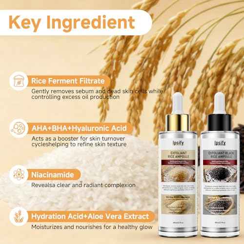 Peel Shot Glow Rice Ampoule Duo, Black and White Rice Exfoliant for Face and Body, Rice Exfoliator for Faces Dead Skin Cells Remover, Face Peel Shot Serum for Softens Cuticle (White+Black, 160ml)