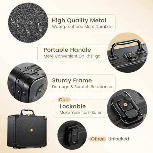 Makeup Case with Magnetic Lighted Mirror Makeup Organizer Box Travel Cosmetic Case with 3 Colors LED Mirror Portable Vanity Make up Suitcase with Lockable Keys Dividers Brush Holder, Black