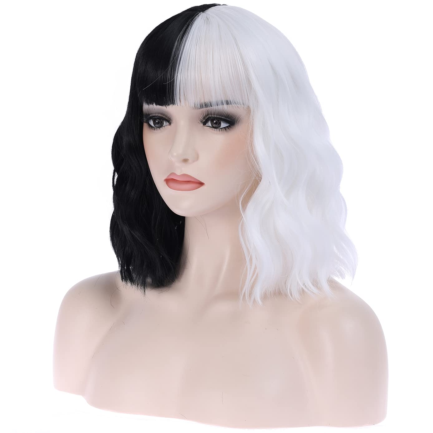 BERON Black and White Short Wigs Curly Bob Wig with Bangs Wavy Hair Wigs 14 Inches Women's Synthetic Wigs Daily Party Use