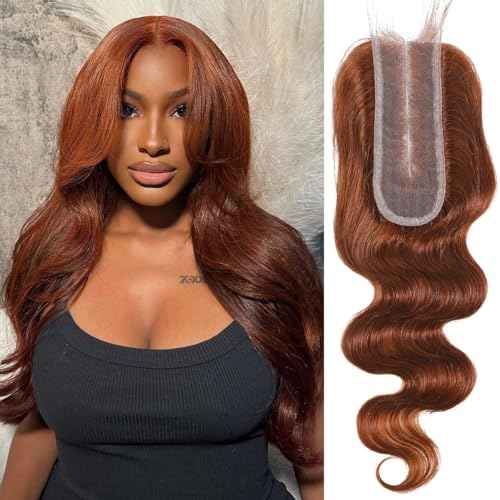 ALHER 33 Reddish Brown Body Wave Long Deep Part 2x6 Lace Closure, Copper Brown Colored 2x6 Kim K Closure Pre Plucked with Baby Hair, 12A 100% Brazilian Virgin Remy Human Hair for Black Women 14 Inch