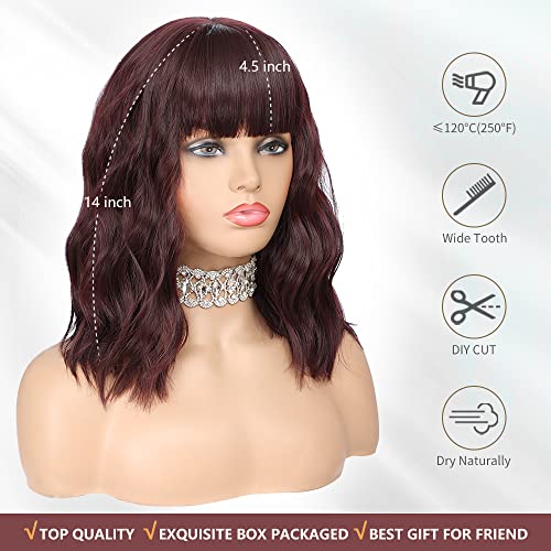 WAVE&BREEZE Short Wavy Ombre Red Wig with Bangs for Women Short Curly Bob Wine Red Hair Wig Synthetic replacement Wigs Costume Cosplay Wig for Daily Wearing(14'' Ombre Red)