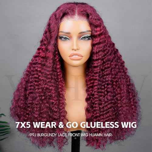 V SHOW 99j Burgundy Lace Front Wig Human Hair 180% Density Glueless Wigs Human Hair Pre Plucked Pre Cut 7x5 Deep Wave Lace Closure Wigs 18 Inch Pre Everything Burgundy Glueless Wig for Women