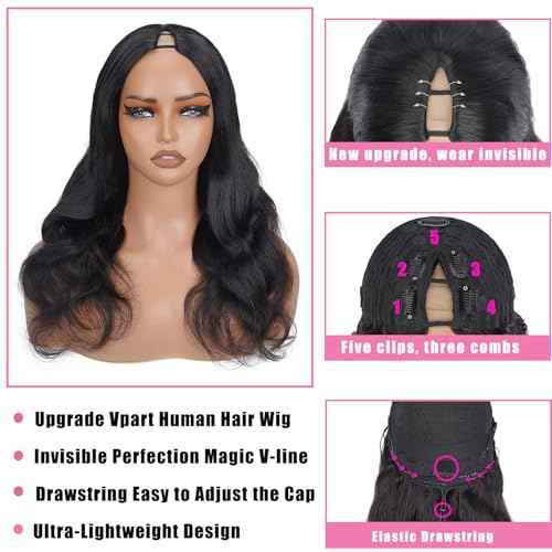 V Part Wig Human Hair Body Wave Upgrade Glueless Wigs Human Hair U part Vpart Human Hair Wig Beginner Friendly Real Hair wigs for Women 180% Density 22 Inch