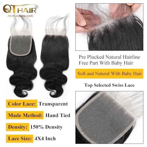 QTHAIR 16A Brazilian Body Wave Human Hair Lace Closure(20" Free Part Natural Black) 100% Unprocessed Brazilian Body Wave Virgin Hair Swiss Lace Closure 150% Density 4x4 Closure