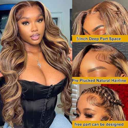 Durya Honey Blonde Ombre Lace Front Wig Human Hair Highlight Body Wave Lace Front Wigs Human Hair Pre Plucked Glueless 5x5 HD Lace Closure Wig for Women 4/27 Colored 250 Density 28 Inch