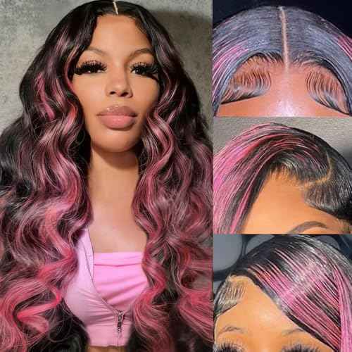28 Inch Skunk Stripe Human Hair Wig 200% Density Pink and Black Wig 13x4 Body Wave Lace Frontal Wigs Human Hair Pre Plucked Pink Human Hair Wigs With Baby Hair
