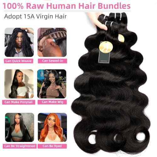 Perismoda Body Wave Human Hair Bundles 15A Raw Human Hair Bundles 100% Unprocessed Brazilian Virgin Human Hair Extensions 26 Inch 1 Bundle Quick Weave Hair Extensions Natural Color