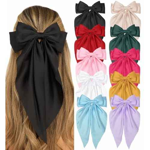DTERSE Hair Bows for Women Big Bows Hair Accessories for Womens Girls 10PCS, Valentine's Day Hair Bows for Women Cute Oversized Bow Hair Clips with Long Tails, Silky Satin Ribbon Bows for Hair