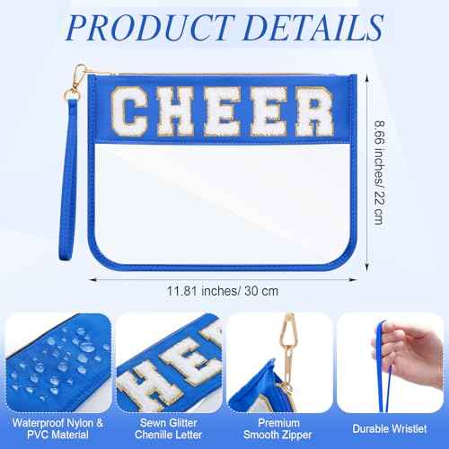 Kacctyen 20 Pcs Chenille Letter Cheer Bags Cheerleader Clear Makeup Bags Snacks Pouch Bulk Preppy Patch Cosmetic Pouch with Wrist Strap Zipper for Travel Team Cheerleaders (Blue)