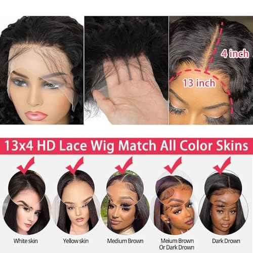 28 Inch Deep Wave Lace Front Wigs Human Hair 200% Density 13x4 HD Lace Front Wigs Human Hair Pre Plucked Deep Curly Wig for Women Natural Black
