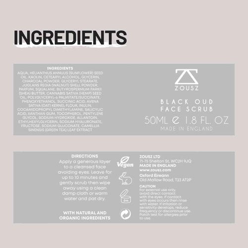 ZOUSZ Black Oud Charcoal Men’s Face Scrub & Mask – Deep Cleansing Exfoliating Clay Face Wash with Activated Charcoal, Salicylic Acid & Hyaluronic Acid – Clears Pores & Revives Skin – 50ml